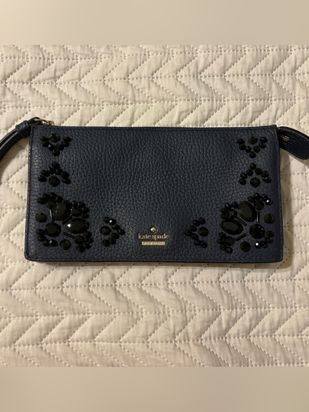 Kate Spade Navy Jeweled Pebble Leather Wristlet
